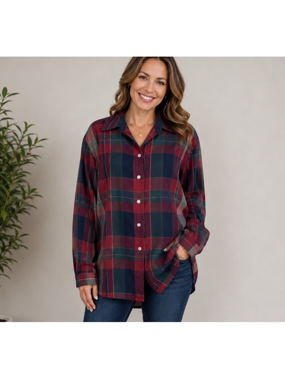 Vintage Allison Daley Plaid Button Up Tunic Shirt Womens 16 Red Green